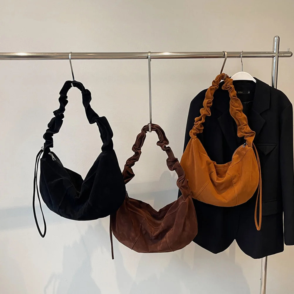 Ship from US Women Fashion Concise Texture Suede Velvet Soft Handbag Vintage Large Capacity Tote Hobos Bag ShoulderBag Daily Office 250304FBB