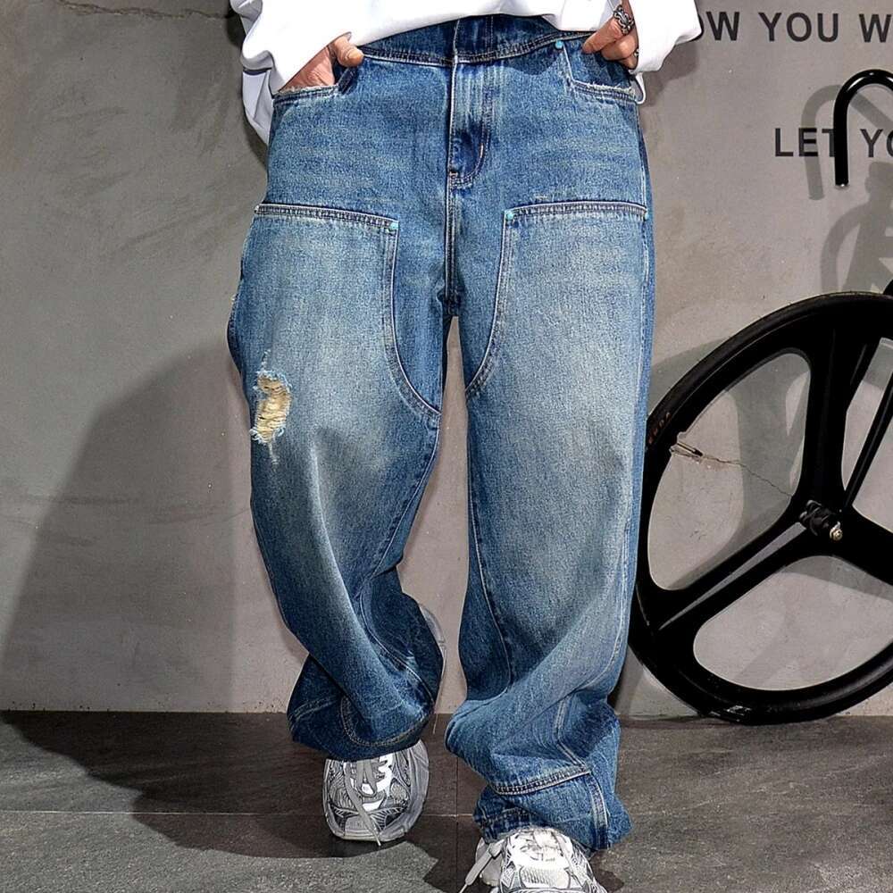 High End Baggy For Men Korean Fashion Stretch Denim Ripped Cargo Pants Hip Hop Trousers Streetwear Skateboard Jeans Male