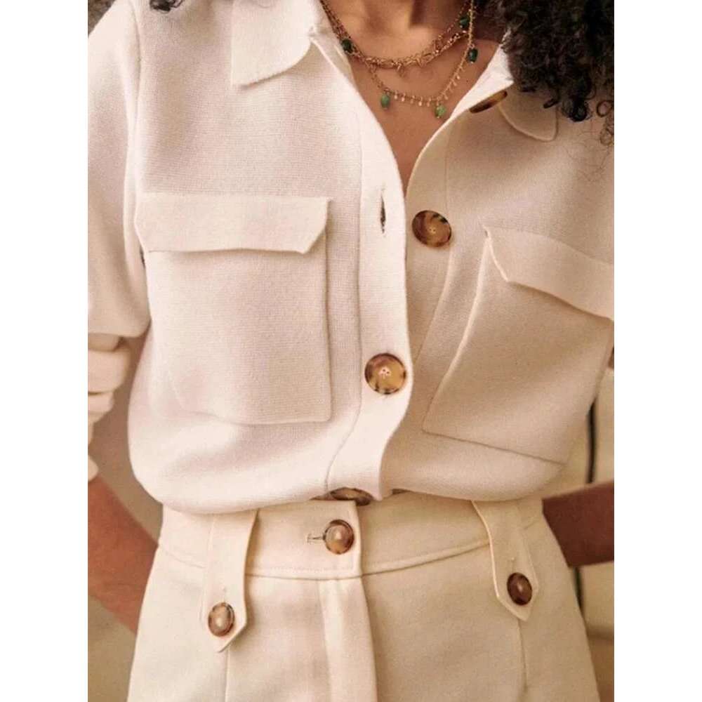 Autumn Women's Turn-Down Collar Sweater Long Sleeve Safari Style Ladies Simple Knit Cardigan With Double Pockets Knitwear