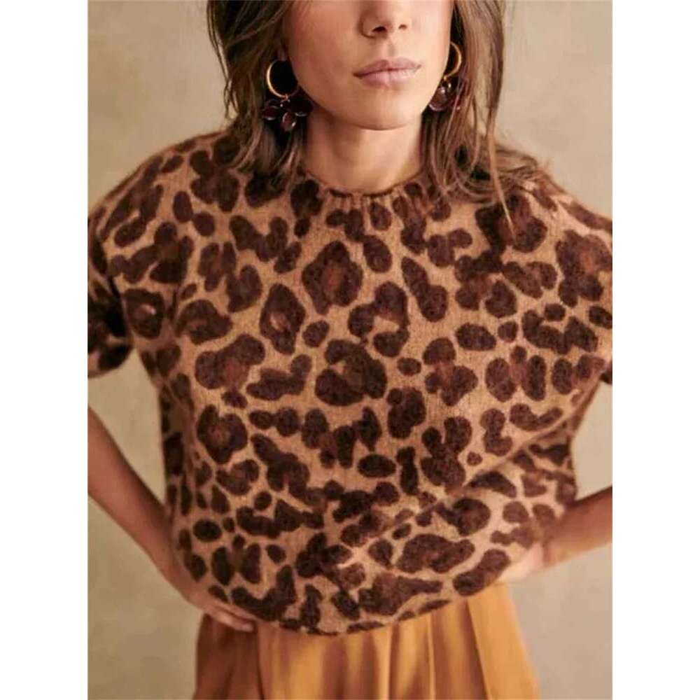 Women Leopard Jacquard Knit Sweater All-Match Spring 2025 New Ladies O-Neck Long Sleeve Loose Casual Pullover Tops