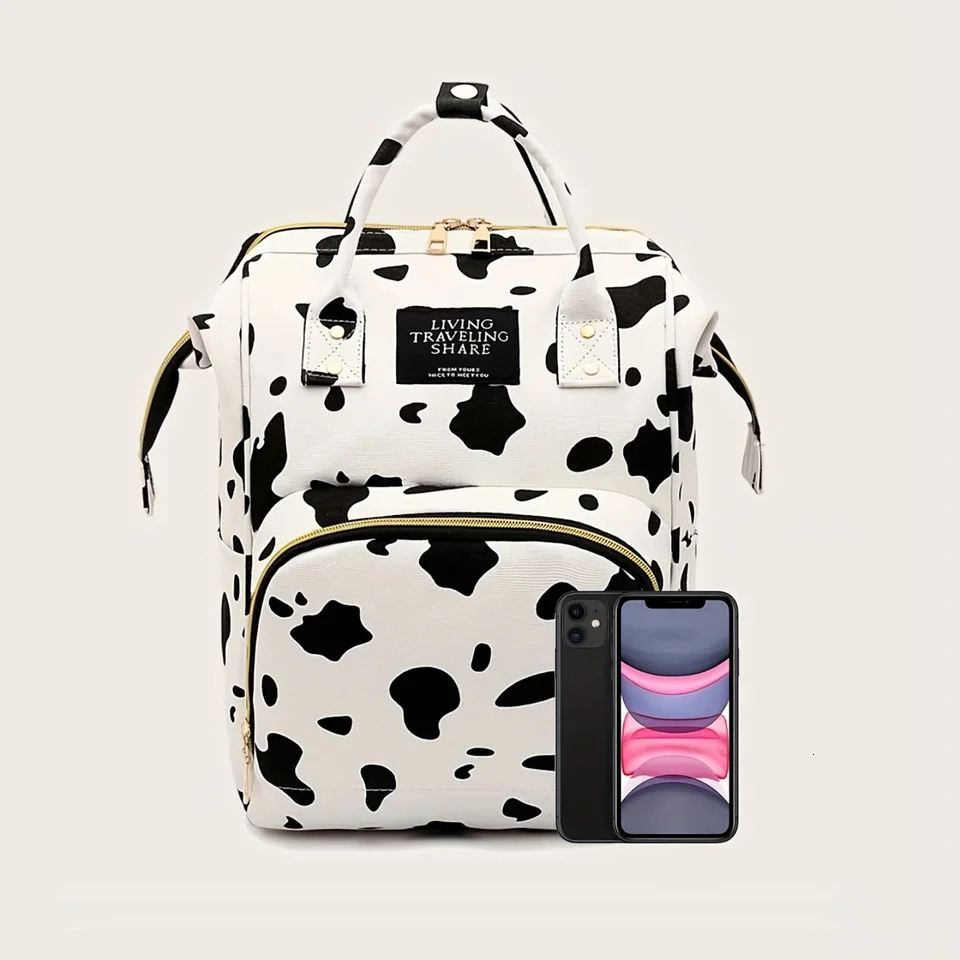 Ship from US Stylish Cow Pattern Backpack Trendy Zipper Rucksack Versatile Womens Travel Diaper Bag 250304FBB