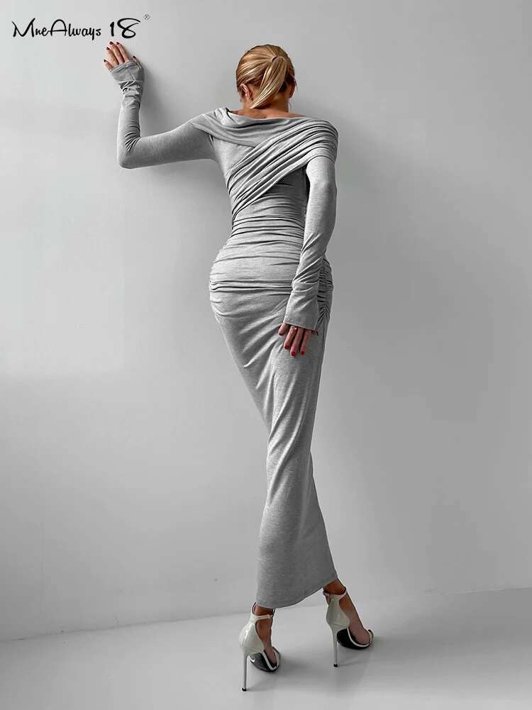Mnealways18 Gray Knitwear Slash Neck Bodycon Dresses Thin Irregular Party Evening Sleeves Hole Long Dress Autumn Lady