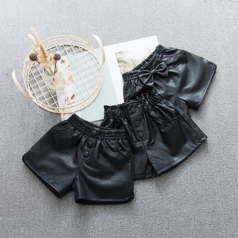 100-160cm Spring and Autumn Girls Fashion Pu Leather Shorts Baby and Childrens Clothing 250304