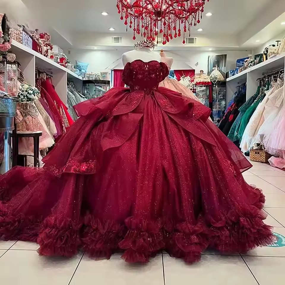 Burgundy Off The Shoulder Ruffles Bow Quinceanera Dresses Ball Gown Appliques Lace Sweet 15 Anos Mexican Customized