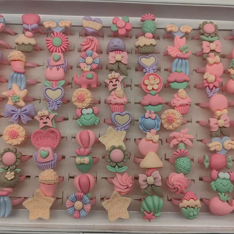 100pcs/Lot Wholesale Children Finger Rings for Girls Party Pink Cute Jewelry Open Adjust Resin Ring Cake Animal Fruit Ice Cream 250304