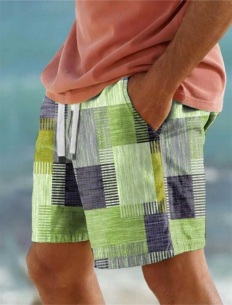 Mens Classic 3D Print Plaid Color Block Running Shorts Geometry Graphic Hawaiian Board Shorts Swim Trunks Holiday Beach PantsT250304