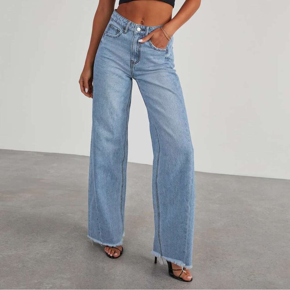 Women's Denim High Waist Fashion Wide Leg Cotton Trousers Autumn Tide Straight Pants De Mujer Frayed Hem Jeans