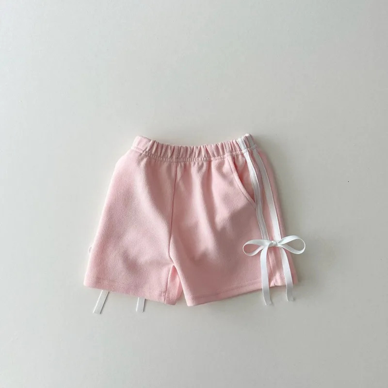 Korean Style Summer Baby Girls Sports Shorts Side Seam Stripe Bow Elastic Waist Loose Pants Casual Children Clothes A24147 250304