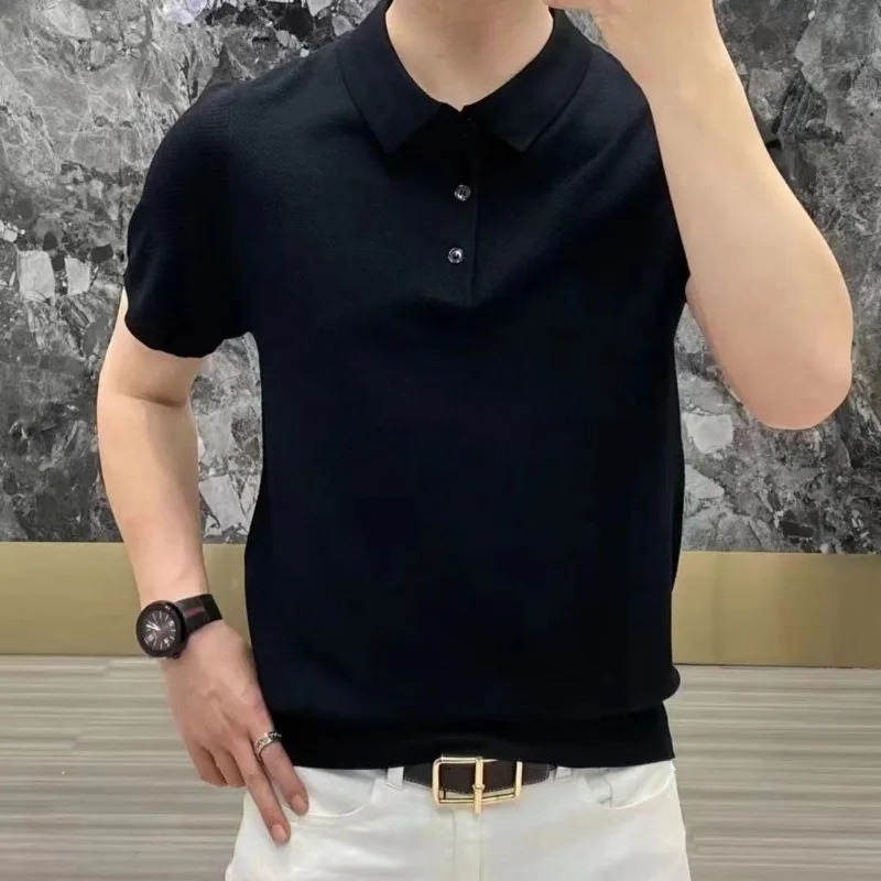 Spring Summer Fashion Elegant Flip Neck Tees Knitted Casual Versatile Western Clothing Loose Solid Mens Polo Shirts 250224