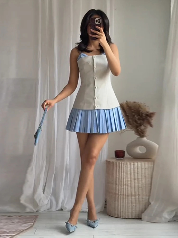 Fashion Contrast Color Patchwork Pleated Short Dress Women Elegant High Waist A-line Evening Party Dress Holiday Lady Vestidos 250303