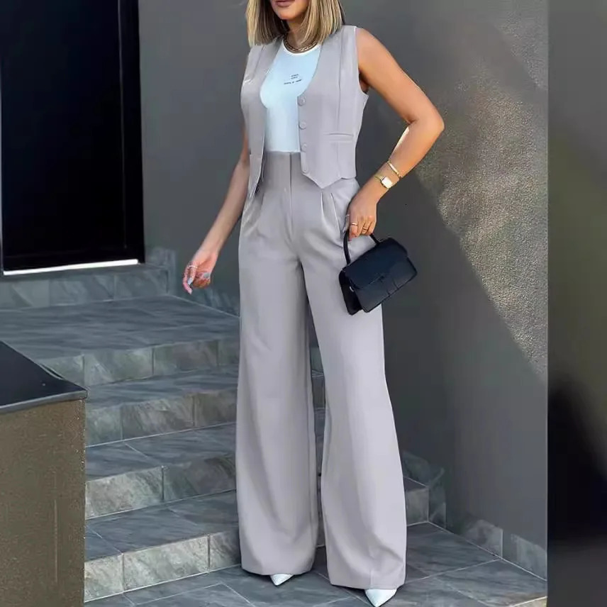 s crossborder foreign trade supply to Europe and America fashionable vest wide leg suit pants commuting set 250225