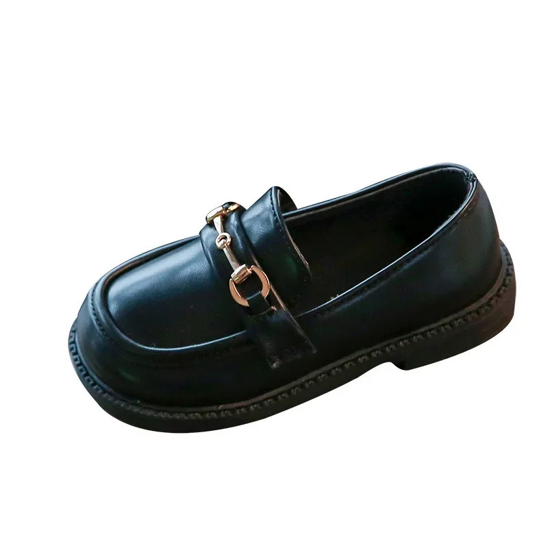 Spring Girl UK Boys Leather Shoes Children Soft Mary Jens Metal Fashion Casual Solid Black Sliding Block 250303