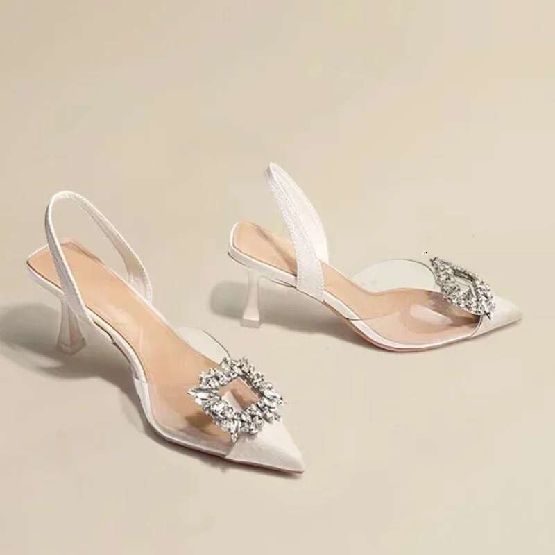 Shoes Women Single Designer Brand Woman Pointed Toe Heel Square Buckle Rhies Transparent Splicing High Heeled Sandals
