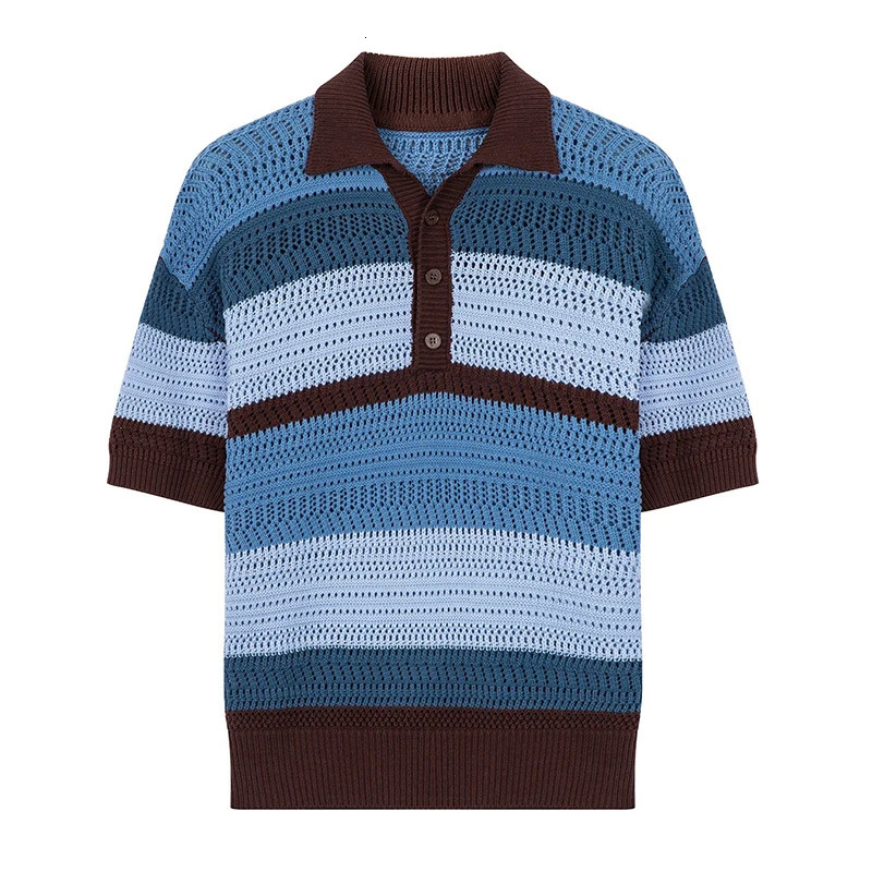 Mens Leisure Striped Hollow Out Polo Shirt Solid Color Texture Breathable Retro Streetwear Light Korean Knitwear 250304