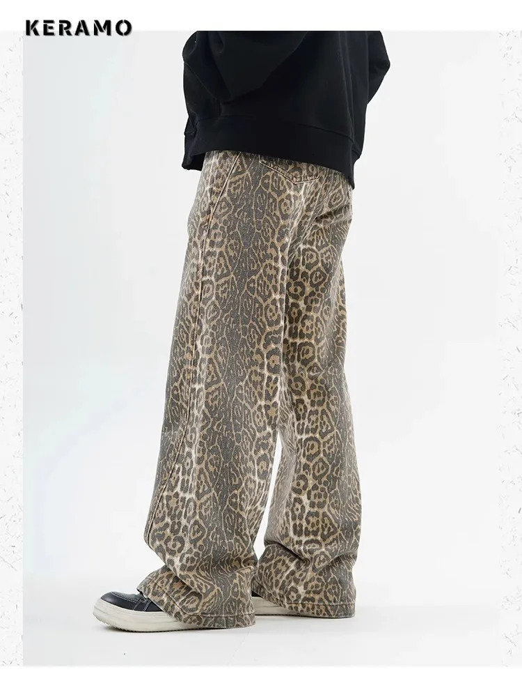 Vintage Leopard Print Jeans Women Spring Oversize Casual Hip Pop Wide Leg Trouser Trend High Waist Panther Denim Pants Ladies 250303
