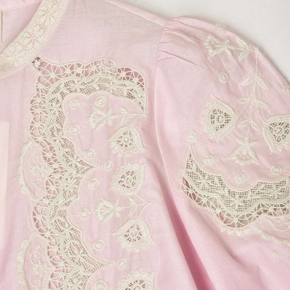 100% Cotton 2025 Spring New Round Neck Lace Embroidery Design Pink Ladies Shirt