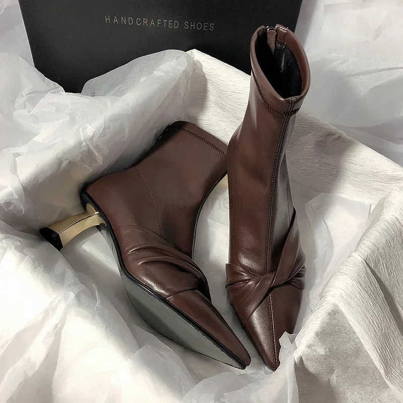 Fion Designer Wen Slim Ankle Boots Elegant Pointed Toe Shoes High Heel Wens Morder Short Booties Z250304