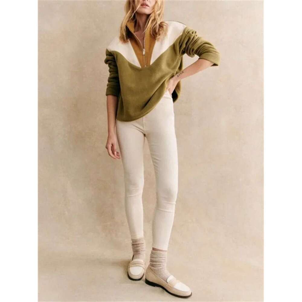 Women Color Patchwork Sweatshirt Zipper Half Turtleneck Long Sleeve Casual Female 2 Colors Pullover 2025 Fall Winter