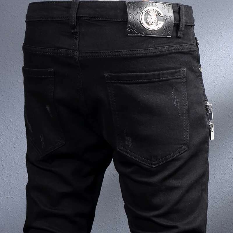 Streetwear Fashion Black Elastic Slim Fit Destroyed Ripped Jeans Zipper Designer Hip Hop Punk Denim Pencil Pants Men