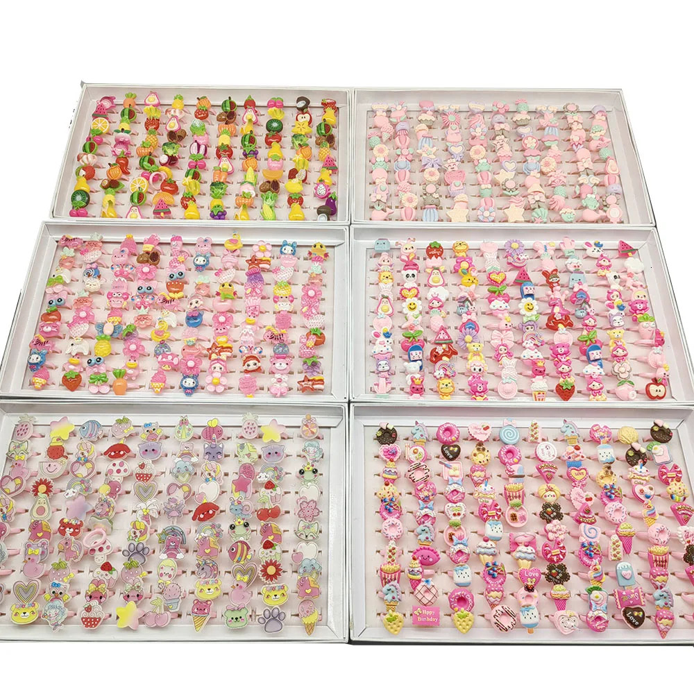100pcs/Lot Wholesale Children Finger Rings for Girls Party Pink Cute Jewelry Open Adjust Resin Ring Cake Animal Fruit Ice Cream 250304