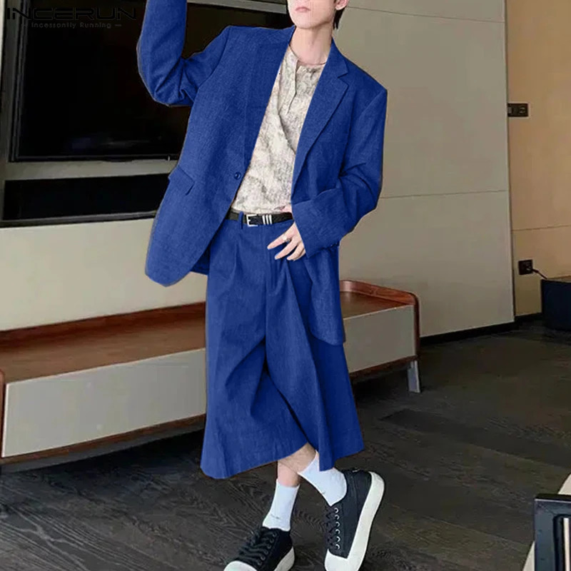 INCERUN Korean Style Sets Stylish Mens Long Sleeved Suit Long Pants Casual Streetwear Solid All-match Suit 2 Pieces S-5XL 250303