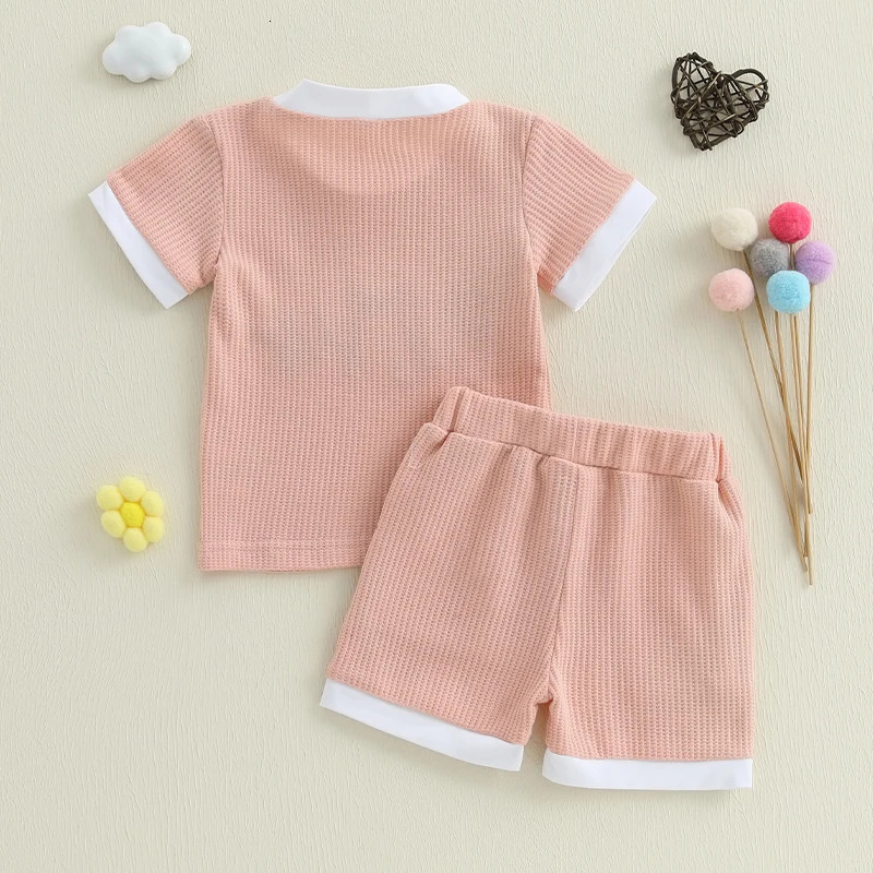 Cute baby summer waffle ensemble printed with T-shirt suitable for little boys or girls - fashionable clothing 250304