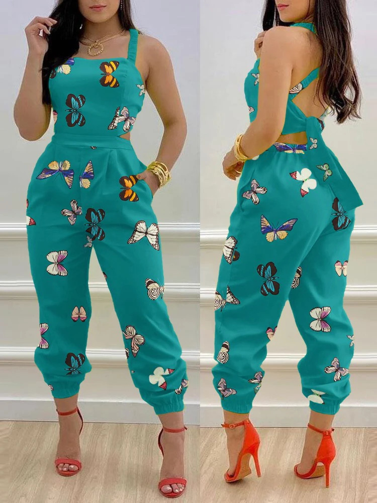 Summer Fashion Printed Sleeveless Jumpsuit Sexy Hollow Backless Lace Up Long Jumpsuits Elegant Casual Jumpsuit With Pocket 250303