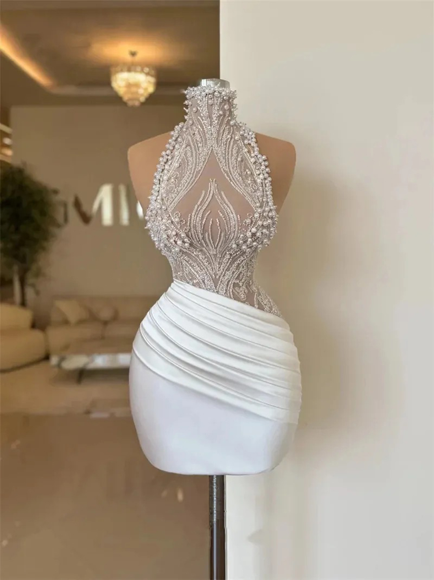 Fashion Cocktail Dresses More Pearls Beading Mini Short Evening Prom Gowns Illusion High Neck Custom Made Sleeveless Graduation Ball Club Party Dress