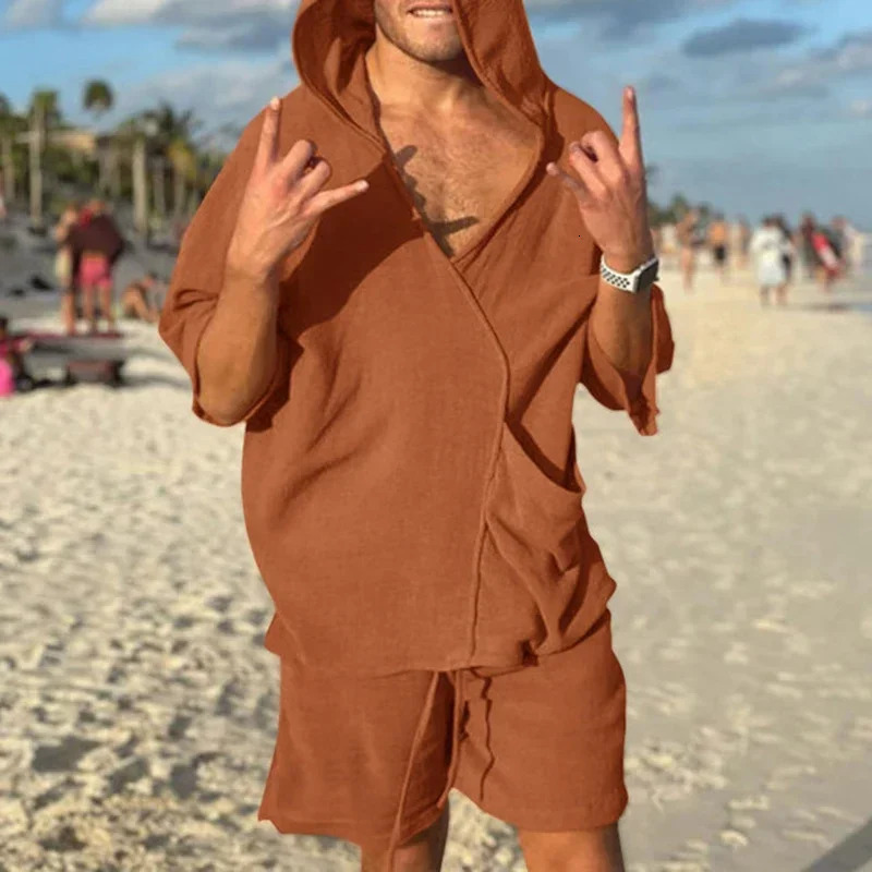 Mens Sets Cotton Linen Two-Piece Set Short-Sleeve Hoodie V-Neck T-Shirt Loose Home Suits Irregular Shorts Monochromatic Summer 250303