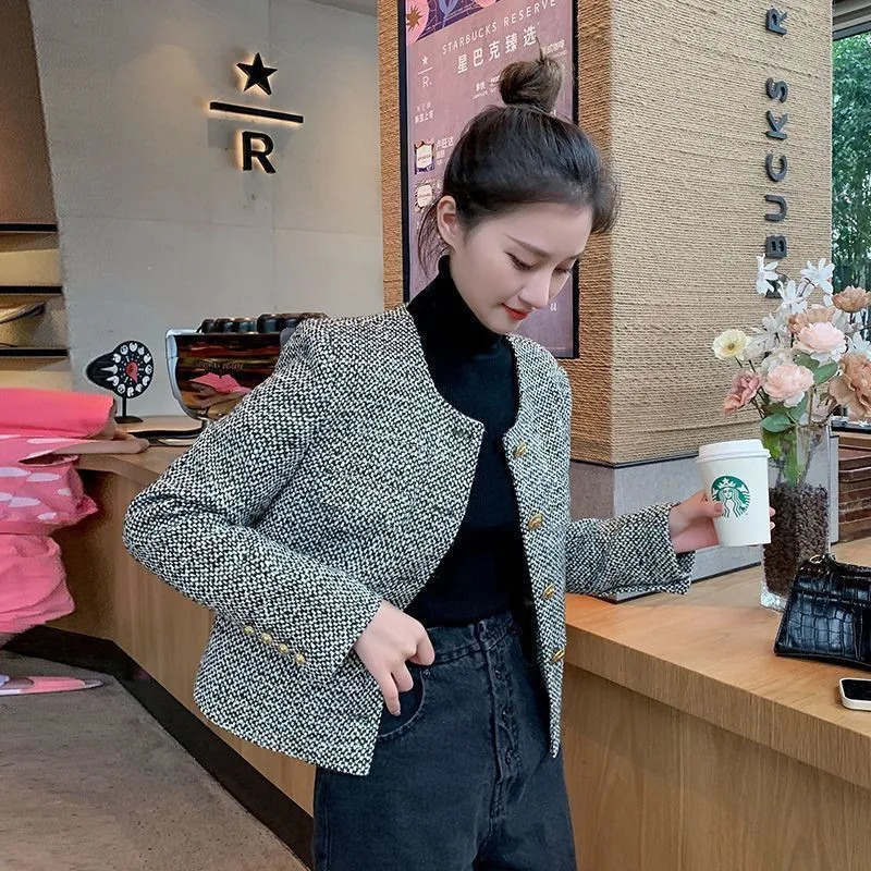 2024 Spring Autumn Coat Women Fashion Single Breasted Buckle Casual Coarse Tweed Jacket Female Outerwear Top Casaco Feminino 250225