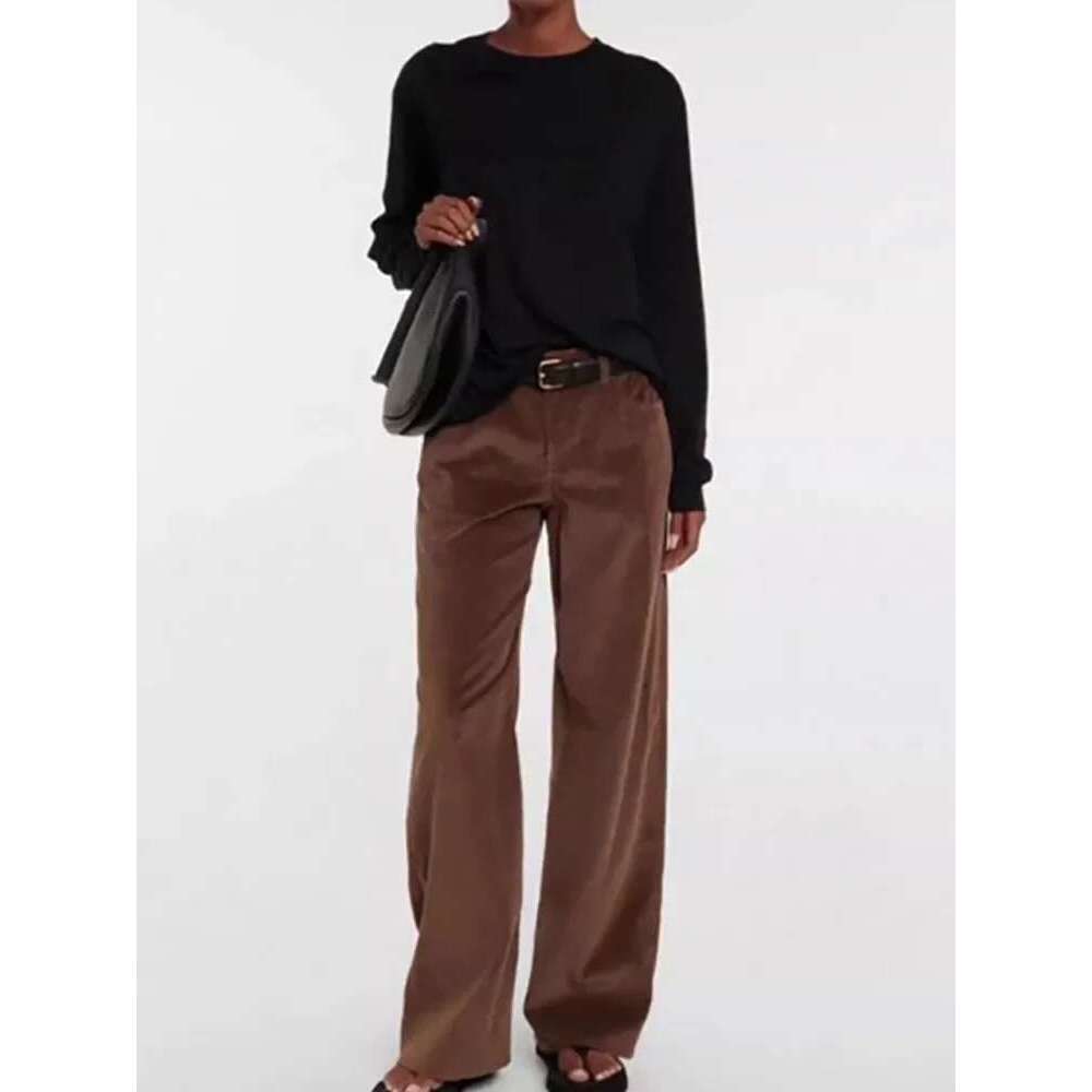 Women Fashion Zipper Fly Corduroy Jeans Retro Loose High Waist Solid Color Straight Leg Pants For Ladies