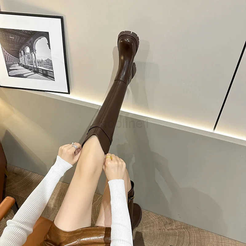 Vintage Warm Plush Wen Knee High Boots Fion Belt Buckle Shoes Autumn Winter Low Heel Wens Knight Long Booties Z250304