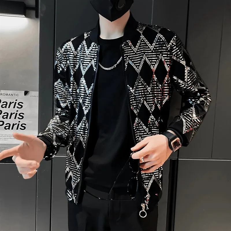 Mens shiny sequin windproof jacket bomber fashion streetwear hiphop lightweight gold disco gothic dance costume 250304