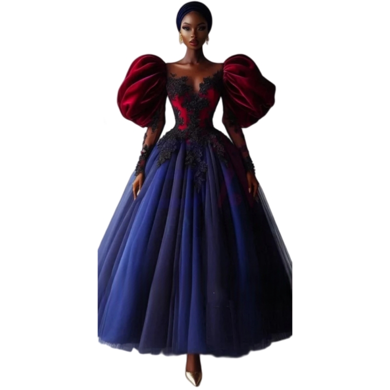 2025 African Stylish Prom Dresses Ankle Length Lace Appliques A-Line Burgundy And Navy Vintage Evening Gowns Puff Long Sleeves Aso Ebi Pageant Party D