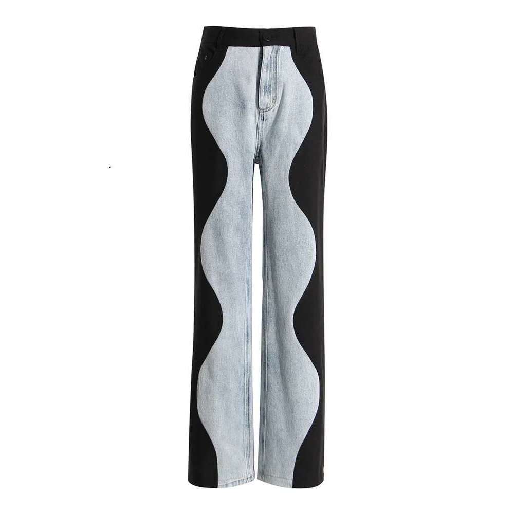 Fashion Women's Jeasn New High Waist Black Blue Wave Spliced Straight Tube Wide Leg Denim Pants Tide Autumn 2025 17A2517