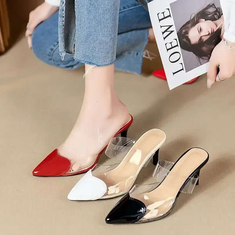 Pointed Toe FHC Slippers,High Heeled Summer Shoes,Transparent PVC Slides,Outside Wearing,Slip On,Black,White,Red,35-40,Dropship