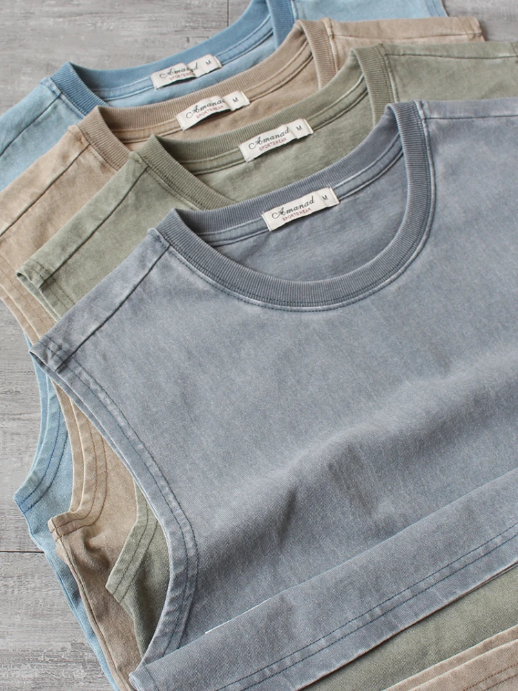 Summer American Retro Sleeveless O-neck Soild Color T-shirt Mens Fashion 100% Cotton Washed Old Casual Sports Vest Tops 250304