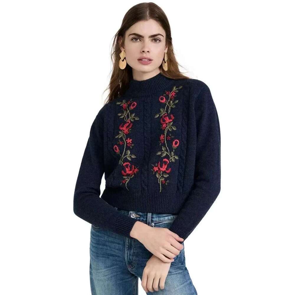 Women New Autumn And Winter Embroidered Half Turtleneck Solid Color Long-Sleeved Crew Neck Sweater