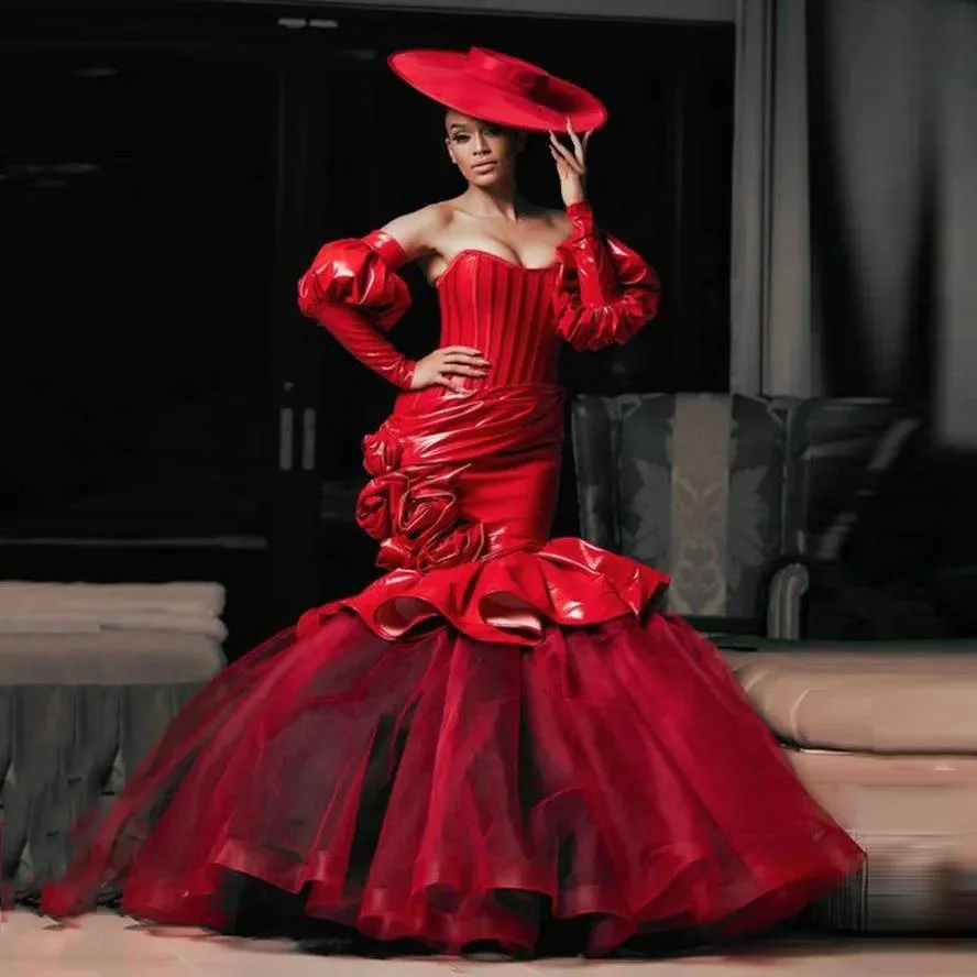 Vintage Red Mermaid Prom Dresses With Puff Long Sleeves Hand Made Flowers Ruched Long Evening Gowns Corset Back African Black Girls Formal Reception D