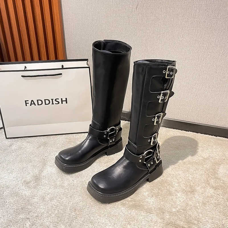 Wen Boots 2024 Spring Trend Buckle Knee-High High Boots Motorcycle Footwear Punk Rock Fion Cfort Leather Wen Shoe Z250304