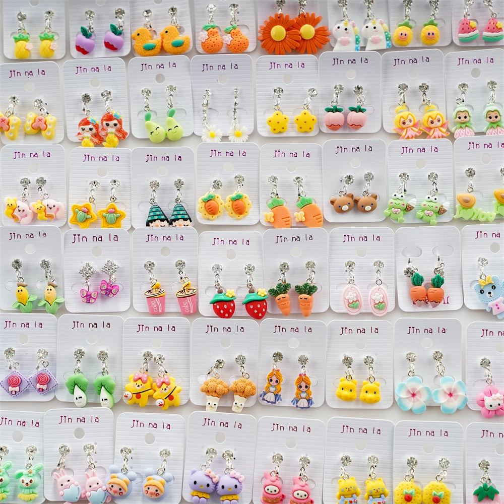 50 pairs/batch of cute cartoon animal earrings with fruit clips for children girls gifts jewelry mixed style no perforations wholesale 250304