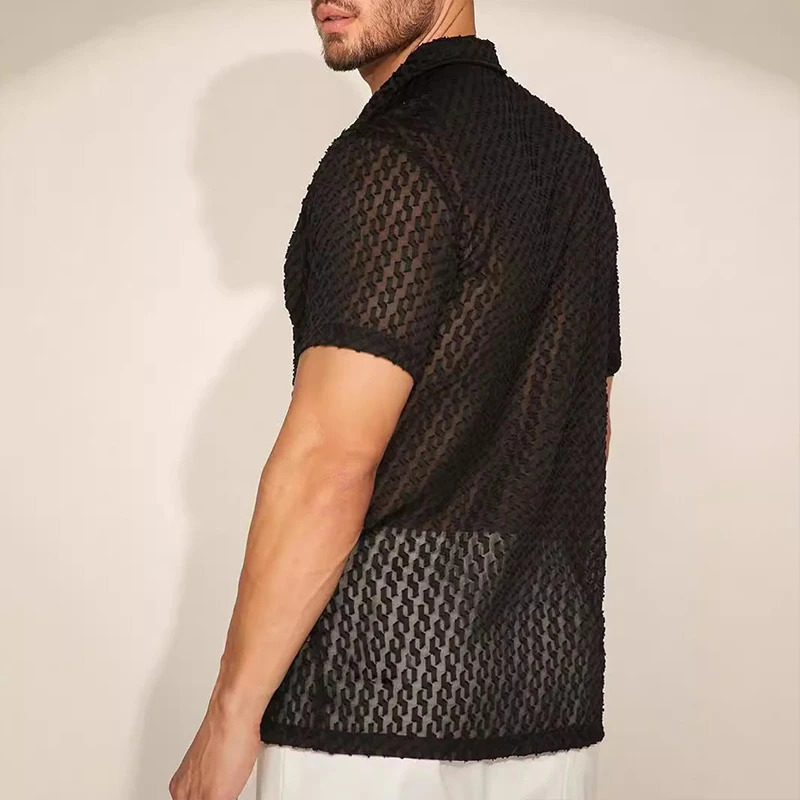 Mens Hollow Out Mesh Lace Short Sleeve Shirt Leisure Fashion Lapel Party Jacquard Button-down See-through Clothing S-2XL 250304