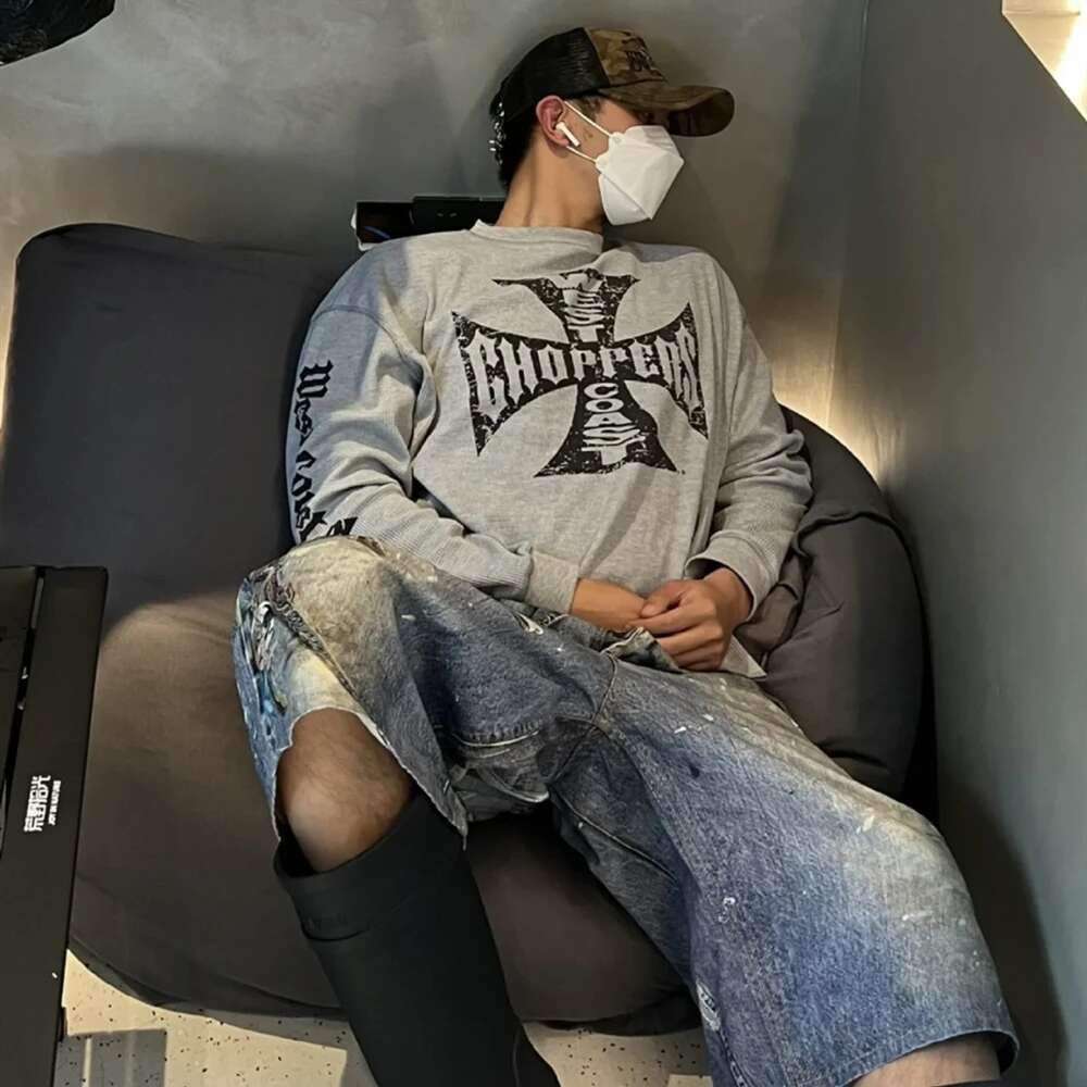 Frog Drift Fashion Best Quality Waffle Vintage Printed Tee Casual Loose Oversize Long Sleeves Tops 100%Cotton T Shirt For Men