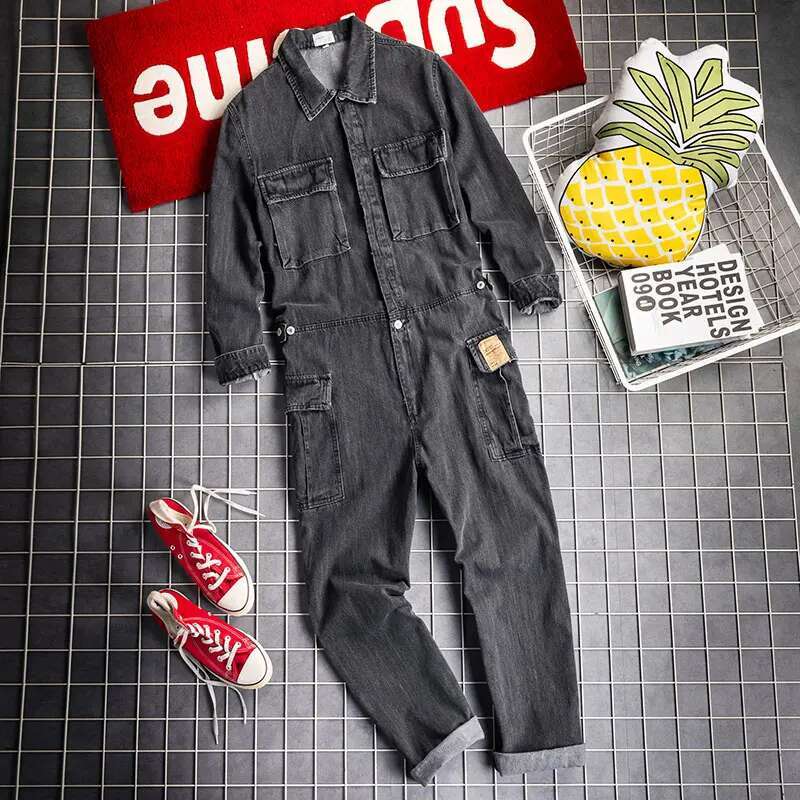 2021 Jeans Overalls Men Denim Jumpsuits Long Sleeve Lapel Multi Pocket Cotton Loose Street Cowboy Pants Blue Black Trousers
