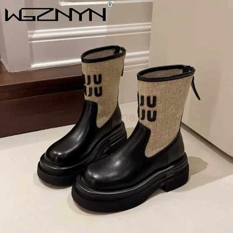 High-quality Brand Punk Autumn Ankle Boots Wens Winter Knitted Mid-tube Boot Platform Heeled Round-toe Shoes Botas De Mujer Z250304