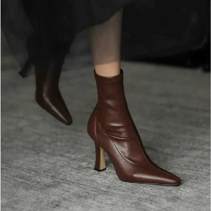 Wen High Heeled Boots Autumn and Winter New Fion Sexy Pointed Toe Wen Elastic Short High Heeled Boots Z250304