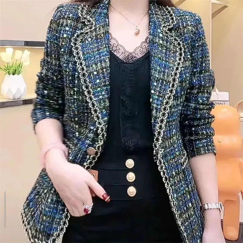 Fashion coarse woolen coat womens jacket spring autumn blue black casual ultrathin 250225