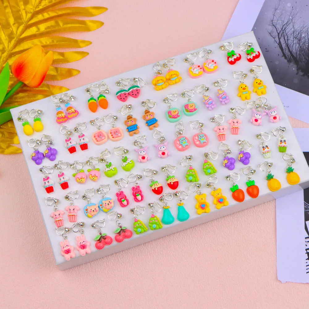 Wholesale bulk batch 50 pairs/batch childrens clip earrings girls animal fruit mixed style childrens jewelry 250304