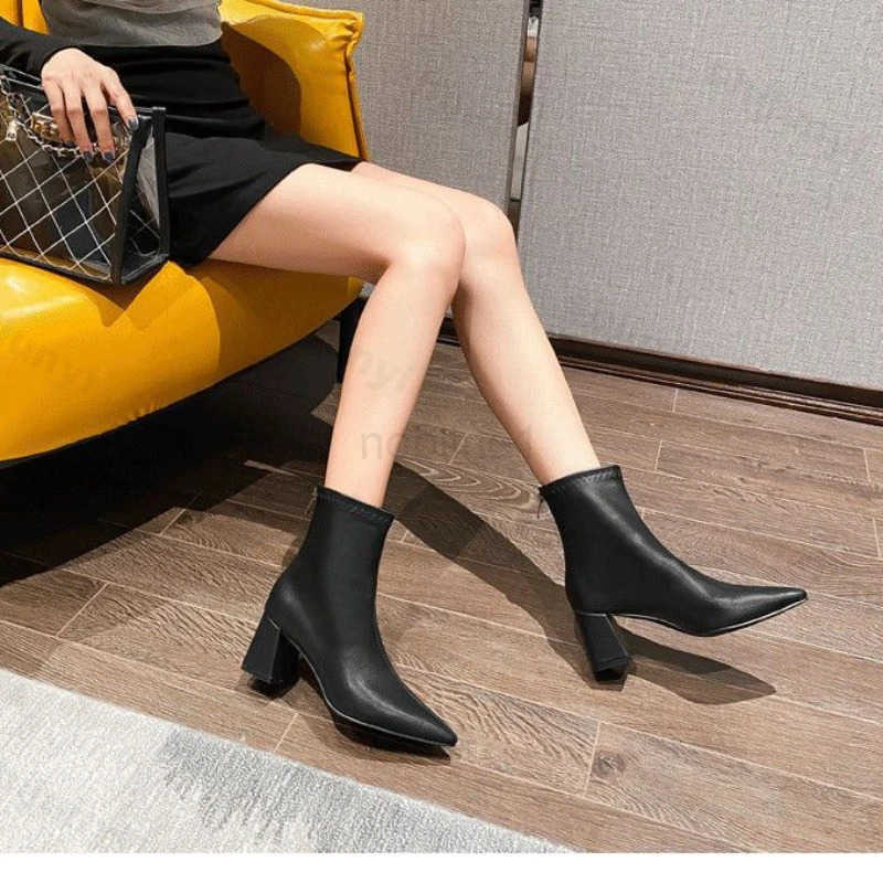 2025 New Winter Wen Ankle Boots Sexy Pointed Toe Square Heel Short Booties Shoes Fion Elegant Back Zippers High Heel Boots Z250304