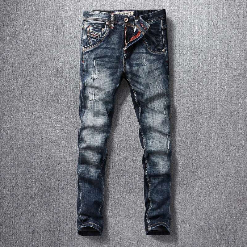 Italian Style Fashion High Quality Retro Black Blue Elastic Slim Fit Ripped Jeans Men Vintage Designer Denim Pants